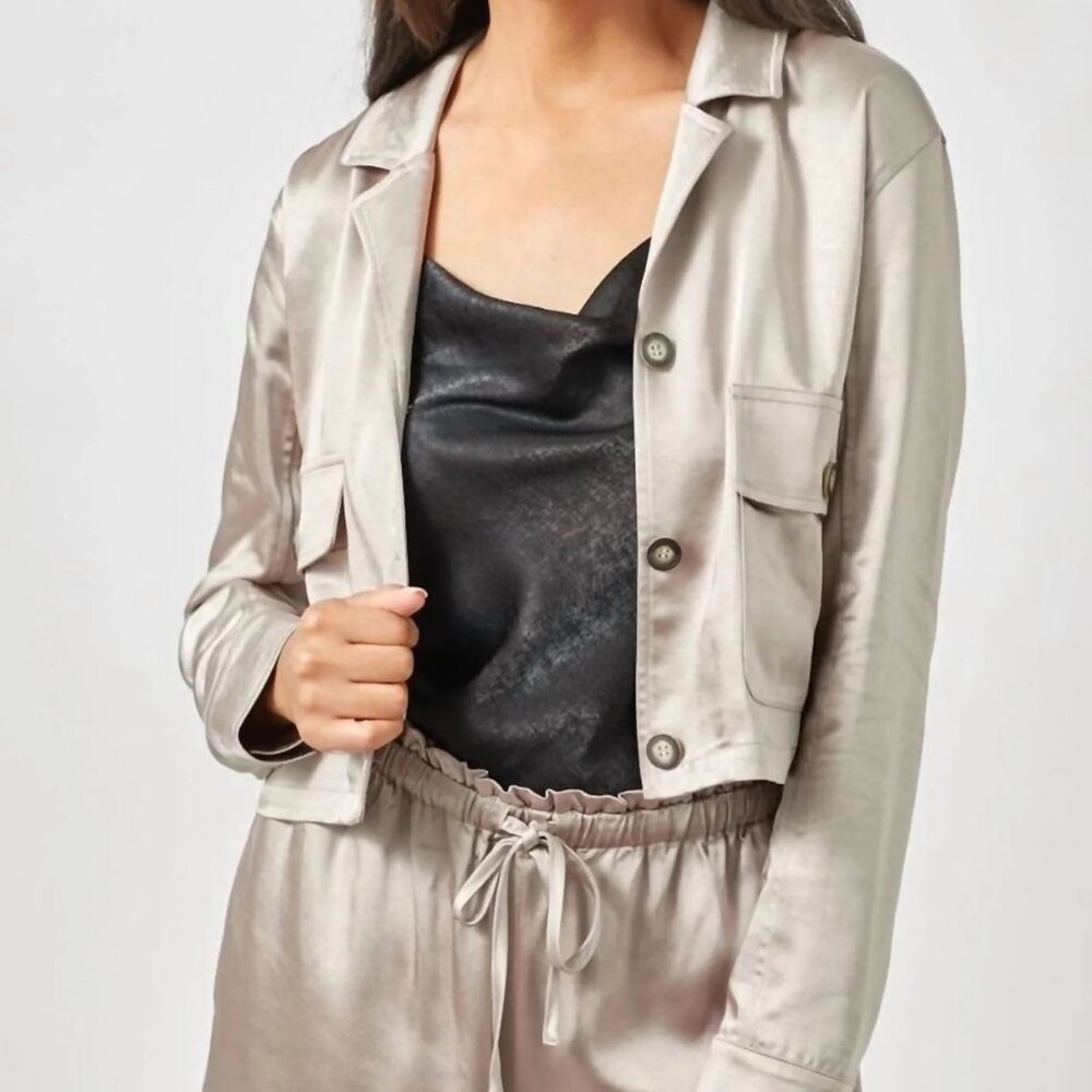 Mystree Satin Cropped Jacket Size XL Button Down Champagne Minimalist Luxury